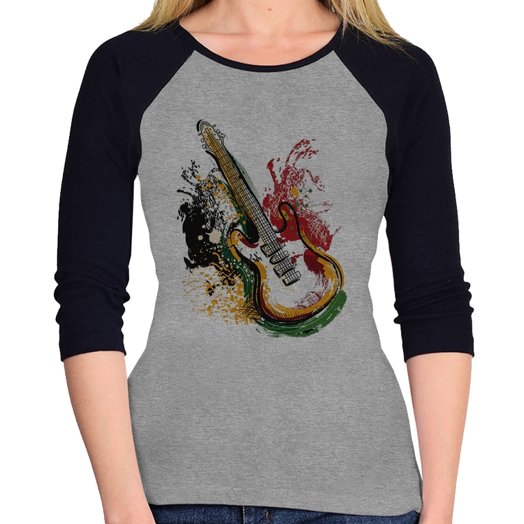 Baby Look Raglan Guitarra Reggae Manga 3/4 - Cinza/Preto
