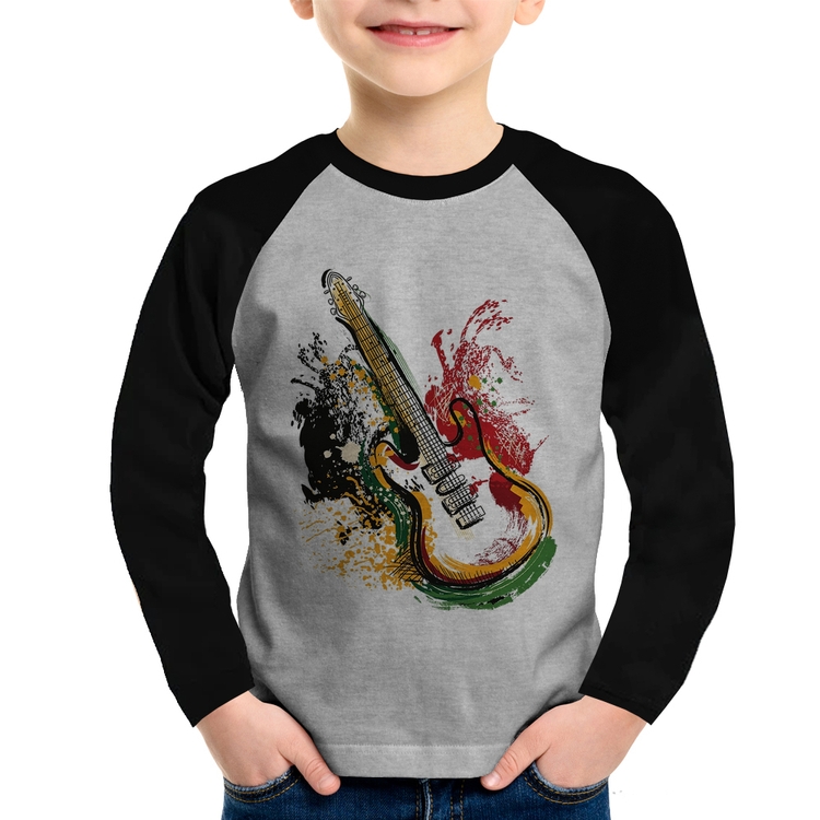 Camiseta Raglan Infantil Guitarra Reggae Manga Longa - Cinza/Preto