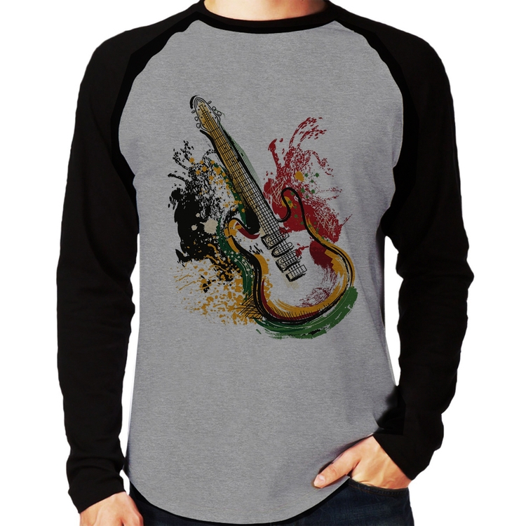 Camiseta Raglan Guitarra Reggae Manga Longa - Cinza/Preto