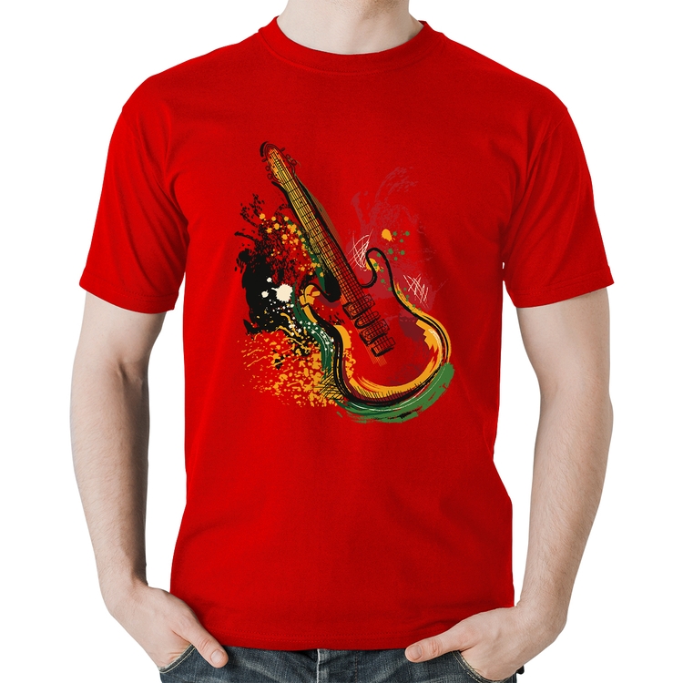 Camiseta Algodão Guitarra Reggae - Vermelha
