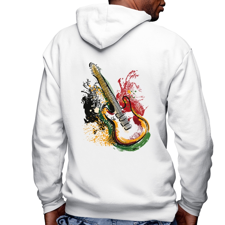 Blusa Moletom Guitarra Reggae Masculina com Capuz e Zíper - Branca
