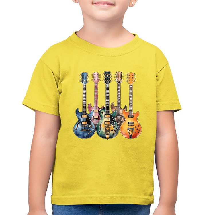 Camiseta Algodão Infantil Guitarras Watercolor Art - Amarelo Canário