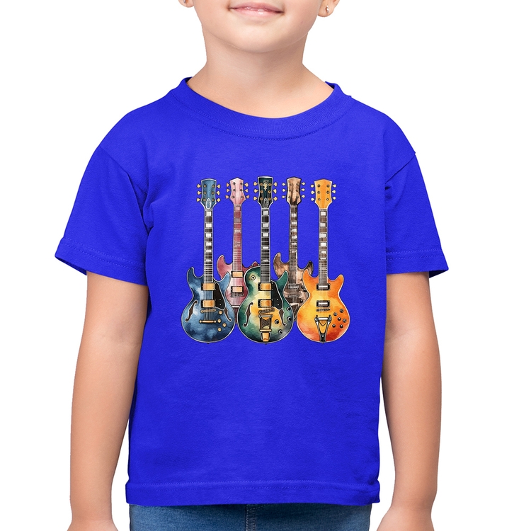 Camiseta Algodão Infantil Guitarras Watercolor Art - Azul Royal