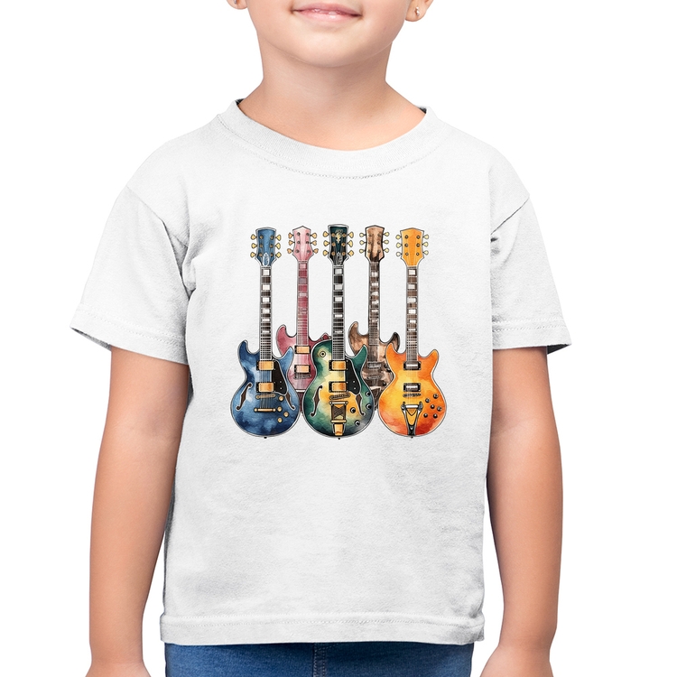 Camiseta Algodão Infantil Guitarras Watercolor Art - Branca