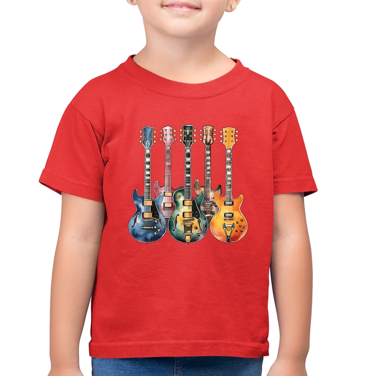 Camiseta Algodão Infantil Guitarras Watercolor Art - Vermelha