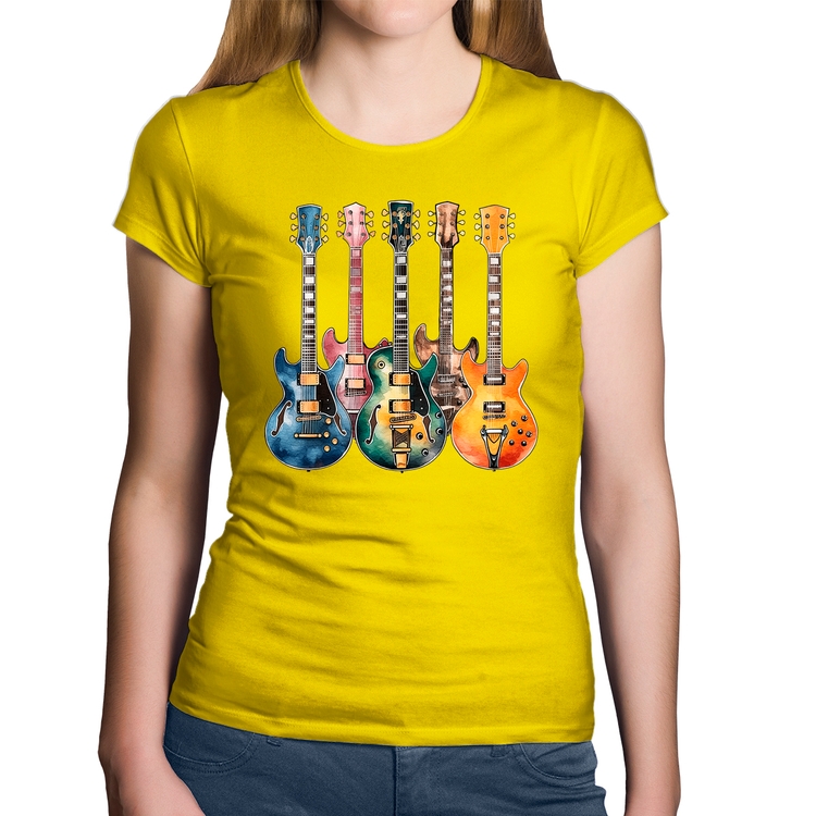 Baby Look Algodão Guitarras Watercolor Art - Amarela