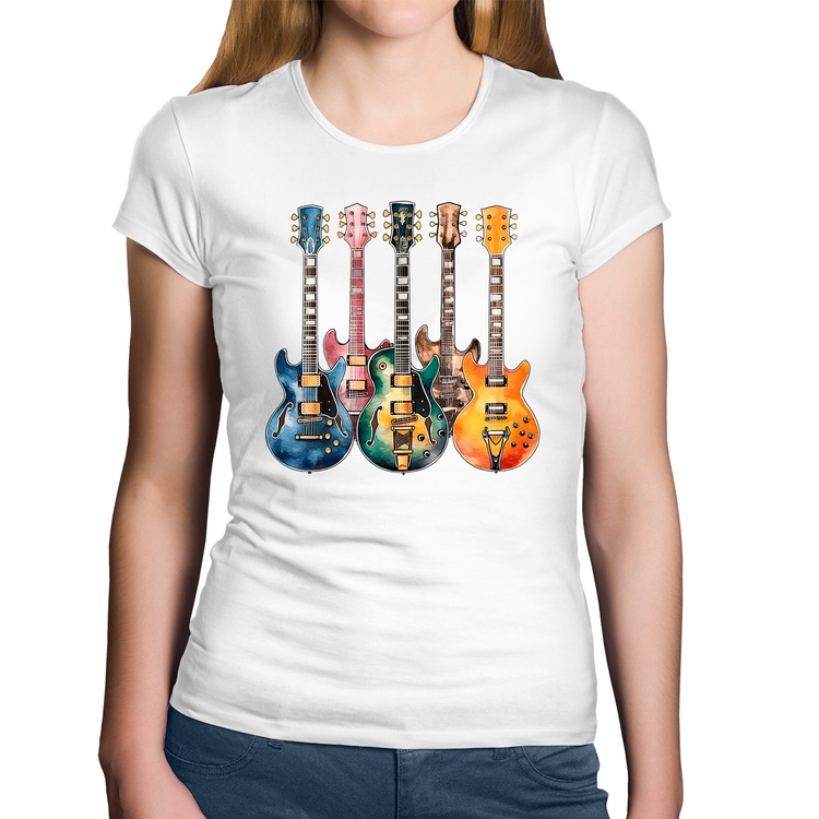 Baby Look Algodão Guitarras Watercolor Art - Branca