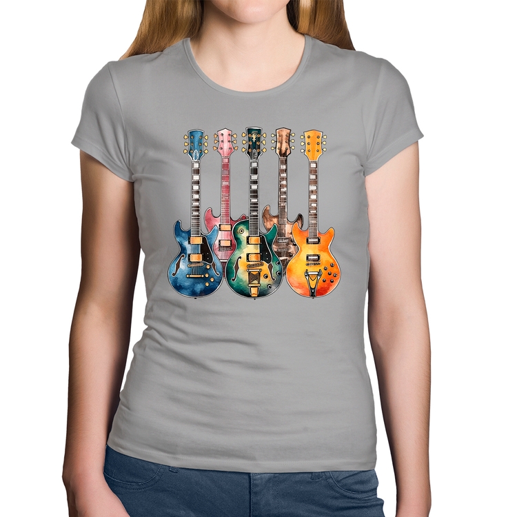 Baby Look Algodão Guitarras Watercolor Art - Cinza