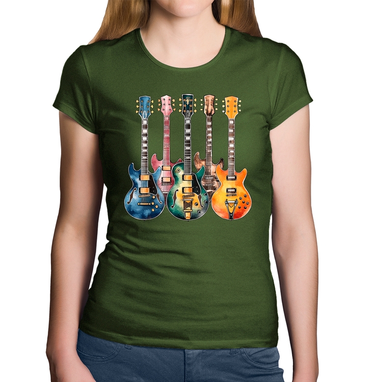 Baby Look Algodão Guitarras Watercolor Art - Musgo