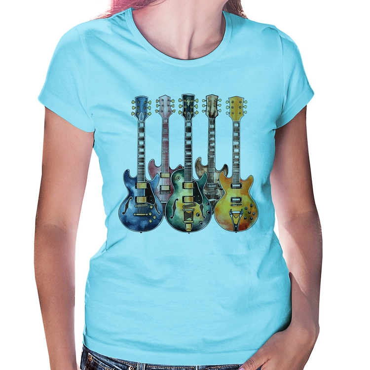 Baby Look Guitarras Watercolor Art - Azul Bebê