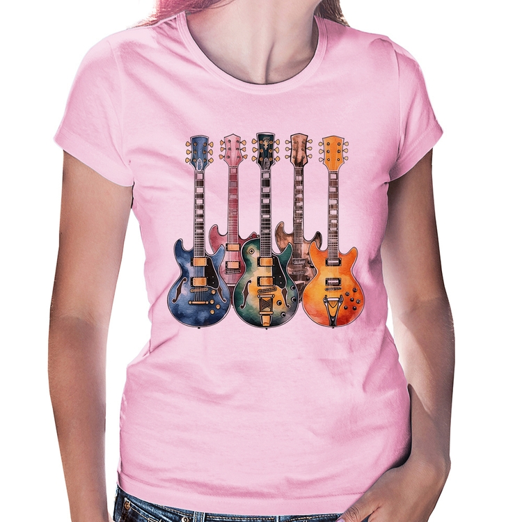 Baby Look Guitarras Watercolor Art - Rosa Bebê