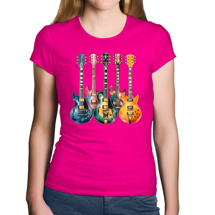 Baby Look Algodão Guitarras Watercolor Art - Rosa