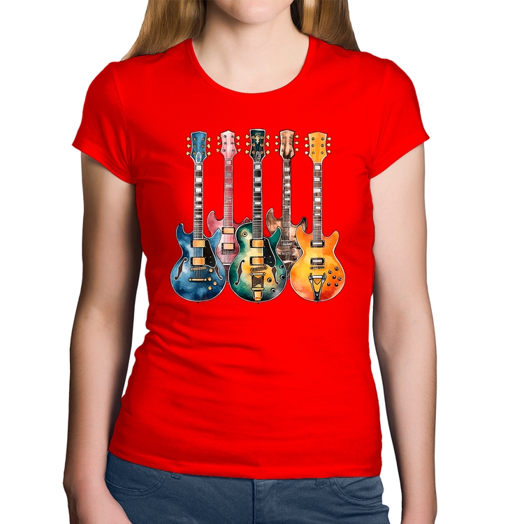 Baby Look Algodão Guitarras Watercolor Art - Vermelha