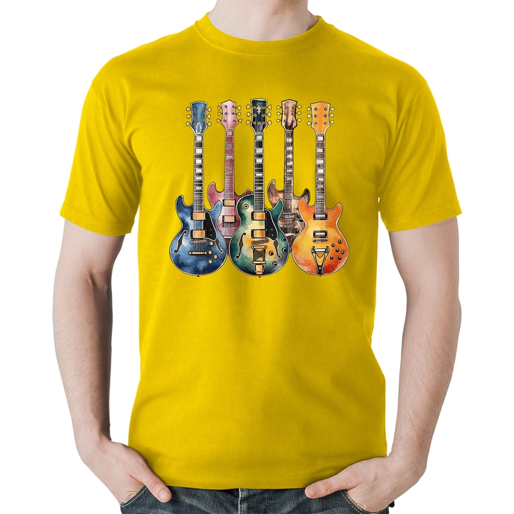 Camiseta Algodão Guitarras Watercolor Art - Amarela