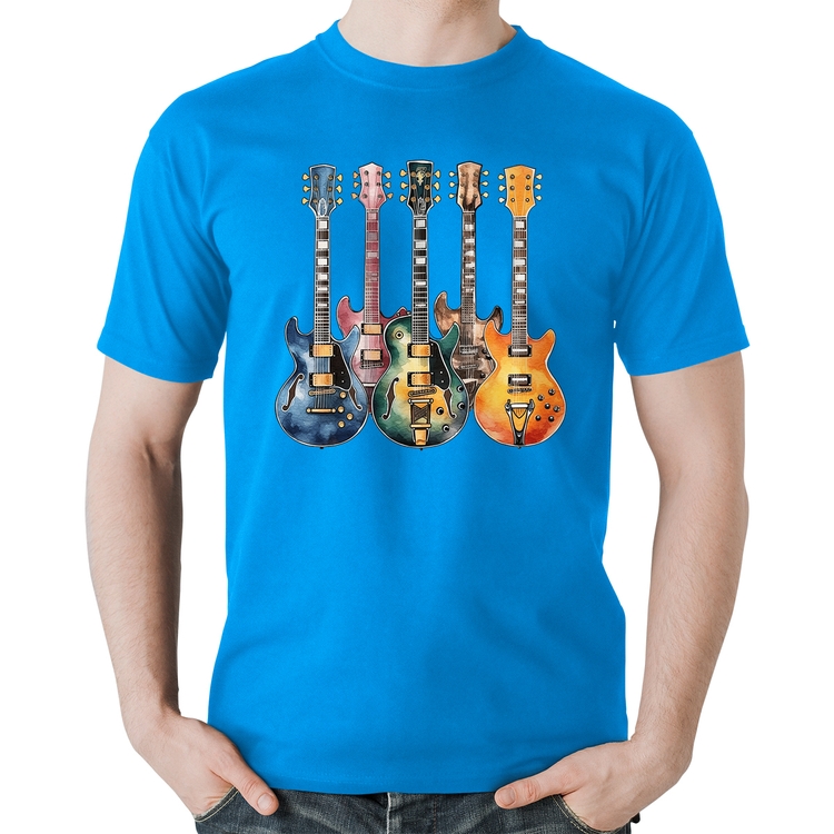 Camiseta Algodão Guitarras Watercolor Art - Azul