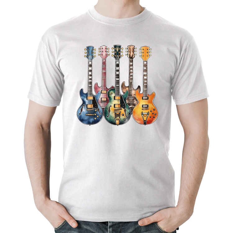 Camiseta Algodão Guitarras Watercolor Art - Branca