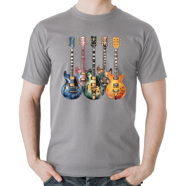 Camiseta Algodão Guitarras Watercolor Art - Cinza