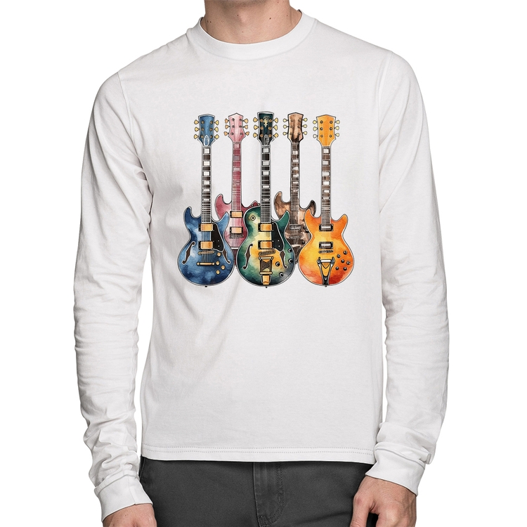 Camiseta Algodão Guitarras Watercolor Art Manga Longa - Branca