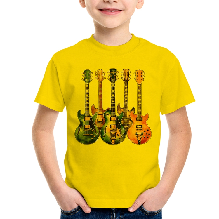 Camiseta Infantil Guitarras Watercolor Art - Amarela