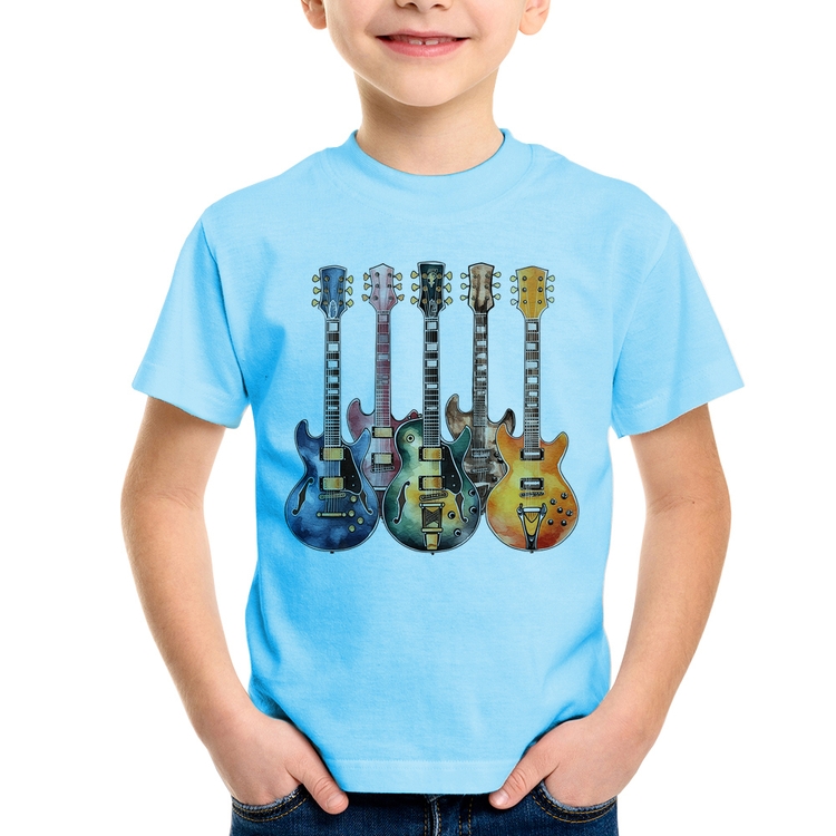 Camiseta Infantil Guitarras Watercolor Art - Azul Bebê