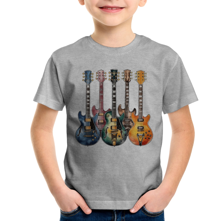 Camiseta Infantil Guitarras Watercolor Art - Cinza