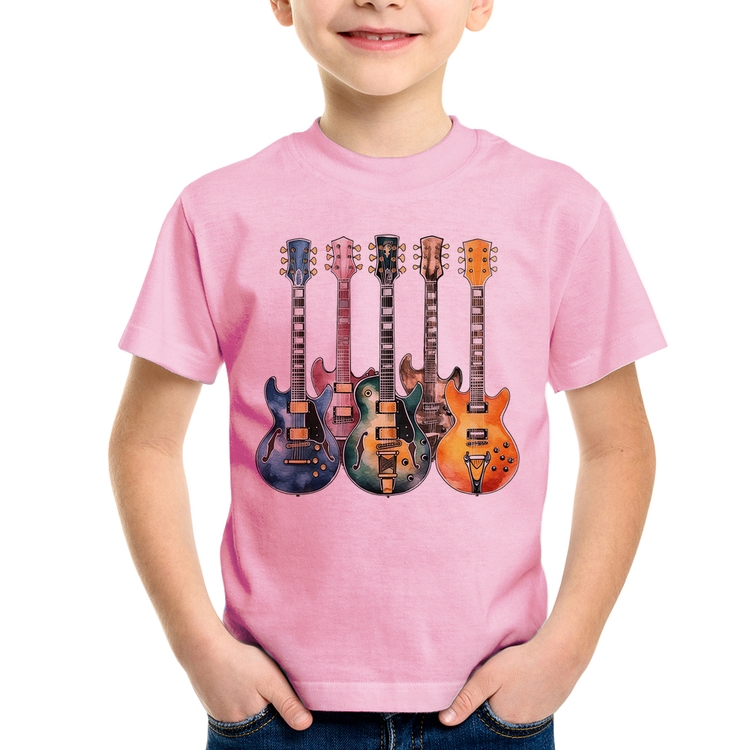 Camiseta Infantil Guitarras Watercolor Art - Rosa Bebê