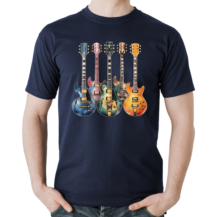 Camiseta Algodão Guitarras Watercolor Art - Marinho