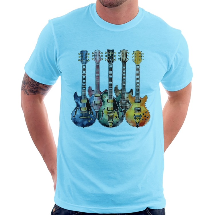 Camiseta Guitarras Watercolor Art - Azul Bebê