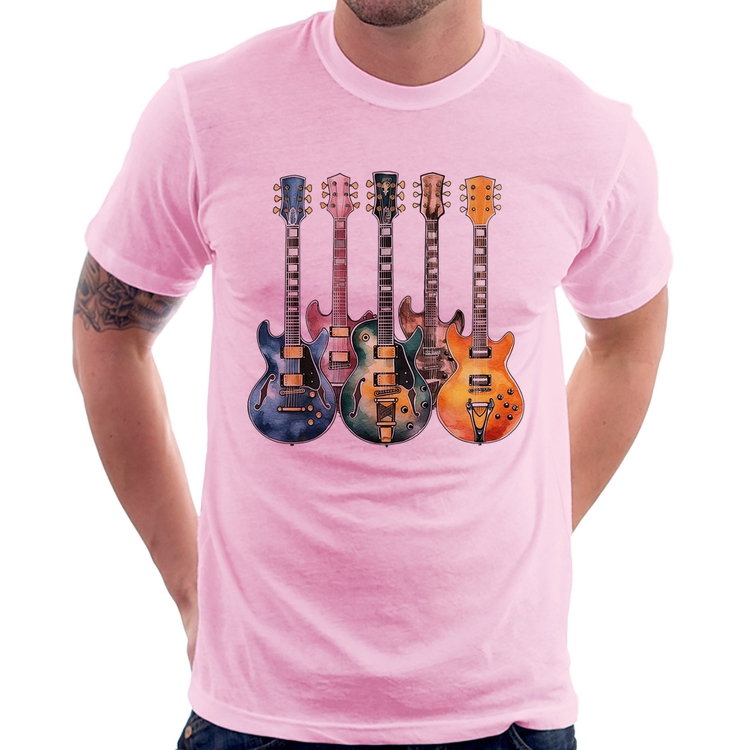 Camiseta Guitarras Watercolor Art - Rosa Bebê