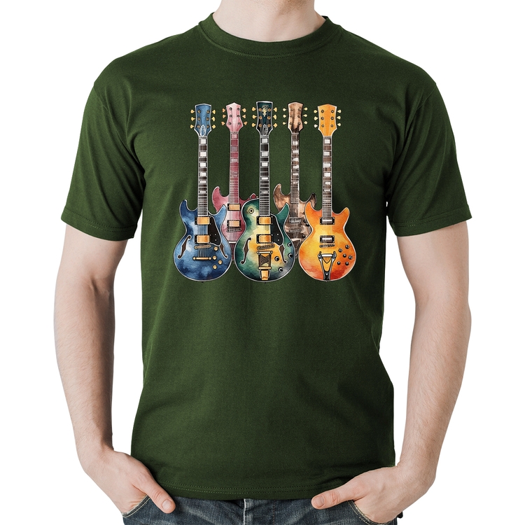 Camiseta Algodão Guitarras Watercolor Art - Musgo