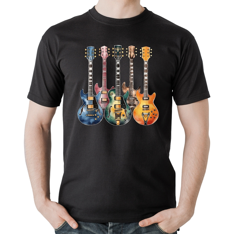 Camiseta Algodão Guitarras Watercolor Art