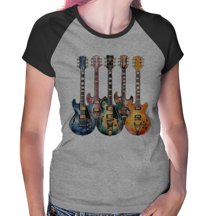 Baby Look Raglan Guitarras Watercolor Art - Cinza/Preto
