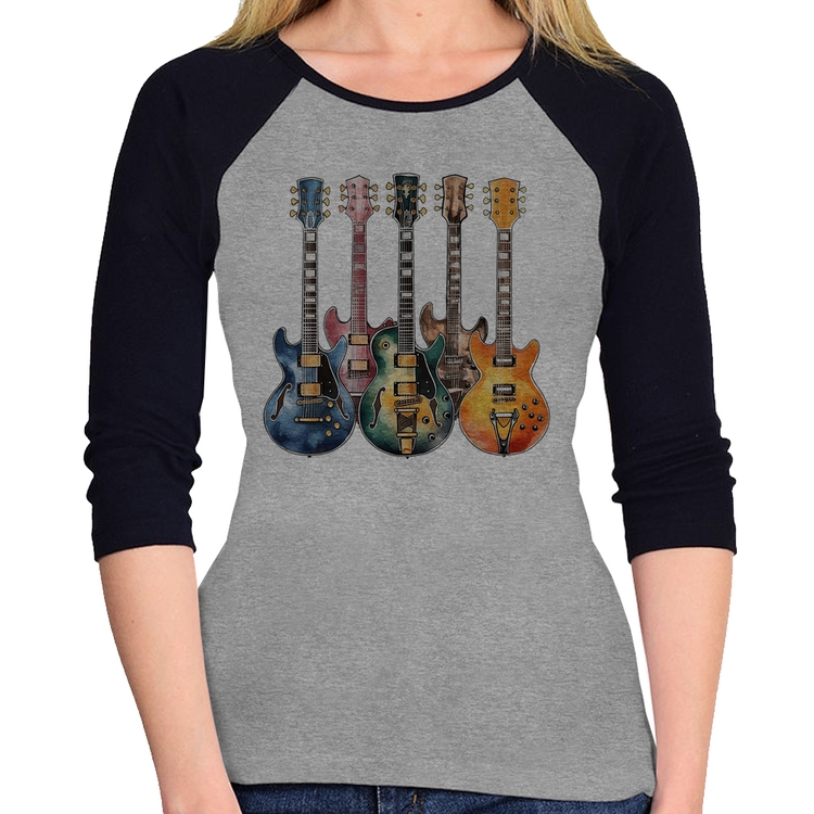 Baby Look Raglan Guitarras Watercolor Art Manga 3/4 - Cinza/Preto