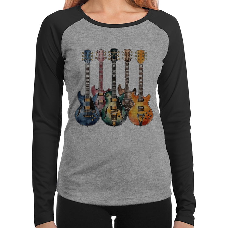 Baby Look Raglan Guitarras Watercolor Art Manga Longa - Cinza/Preto
