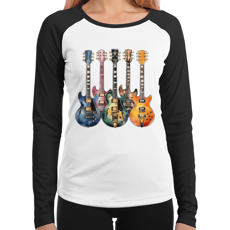Baby Look Raglan Guitarras Watercolor Art Manga Longa