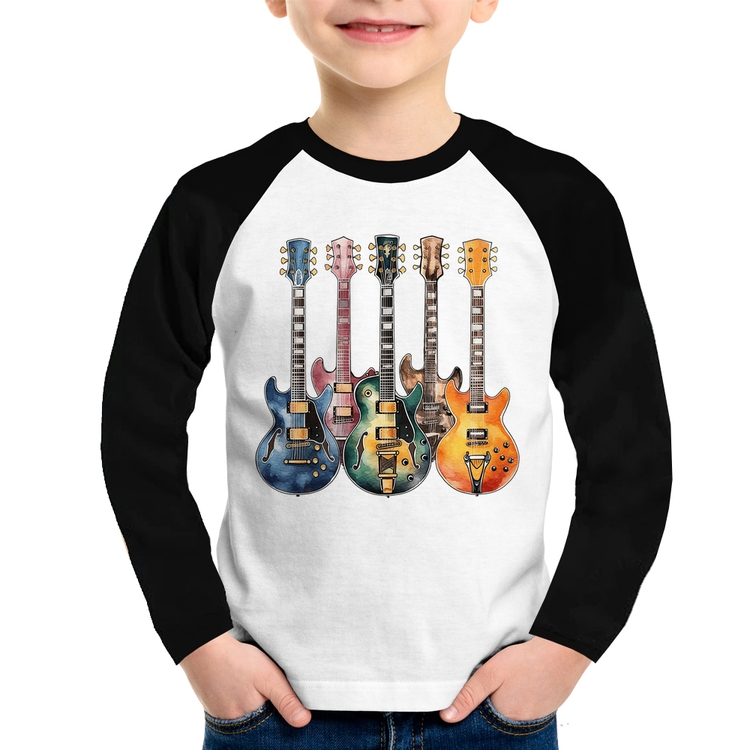 Camiseta Raglan Infantil Guitarras Watercolor Art Manga Longa