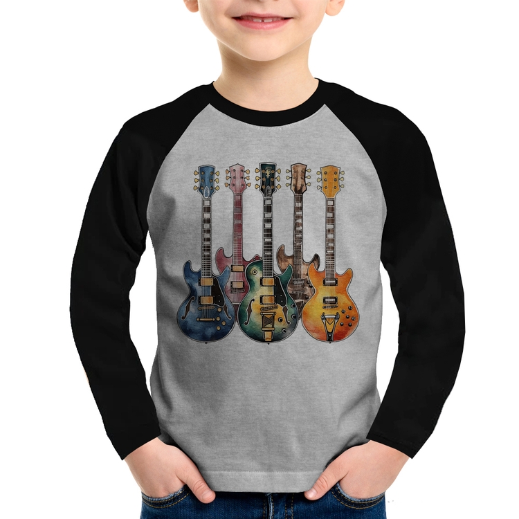 Camiseta Raglan Infantil Guitarras Watercolor Art Manga Longa - Cinza/Preto