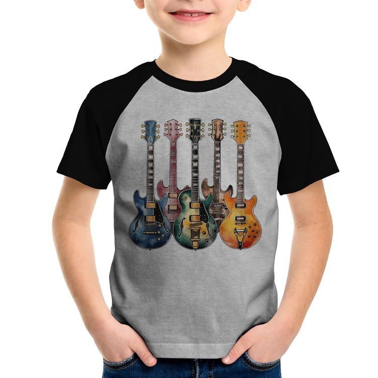 Camiseta Raglan Infantil Guitarras Watercolor Art - Cinza/Preto