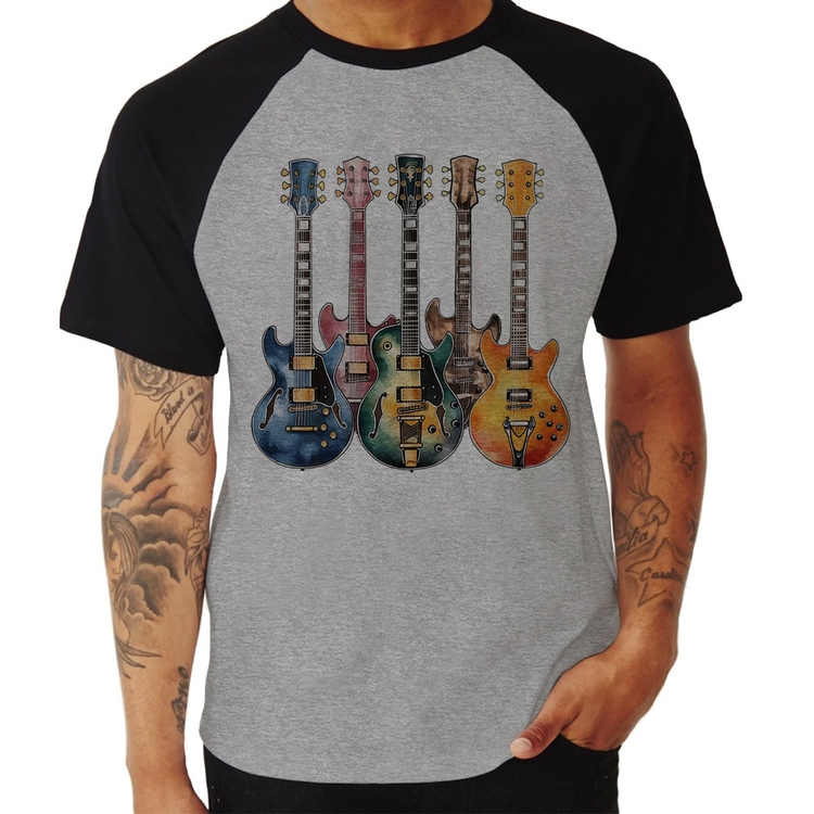 Camiseta Raglan Guitarras Watercolor Art - Cinza/Preto