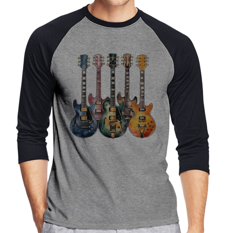 Camiseta Raglan Guitarras Watercolor Art Manga 3/4 - Cinza/Preto
