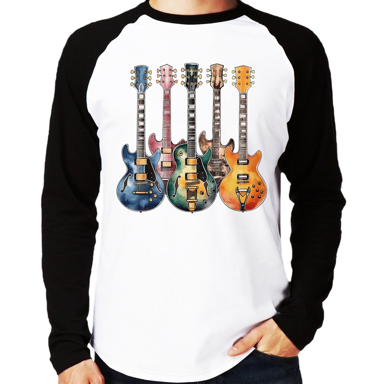Camiseta Raglan Guitarras Watercolor Art Manga Longa