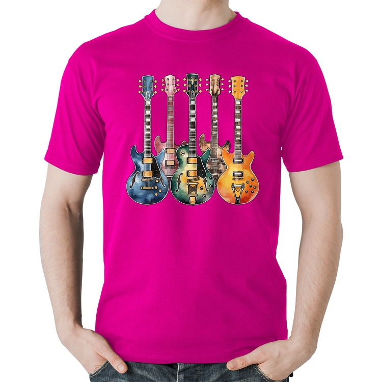 Camiseta Algodão Guitarras Watercolor Art - Rosa