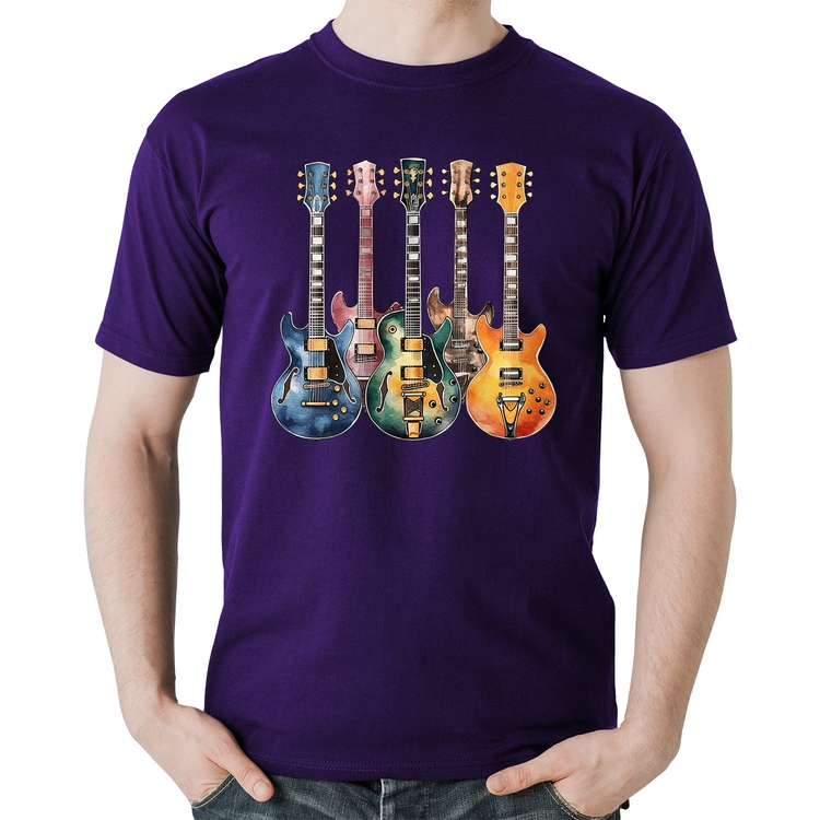 Camiseta Algodão Guitarras Watercolor Art - Roxa