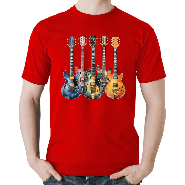 Camiseta Algodão Guitarras Watercolor Art - Vermelha