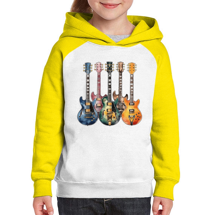 Moletom Infantil Guitarras Watercolor Art - Branco/Amarelo