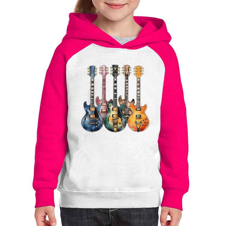 Moletom Infantil Guitarras Watercolor Art - Branco/Rosa