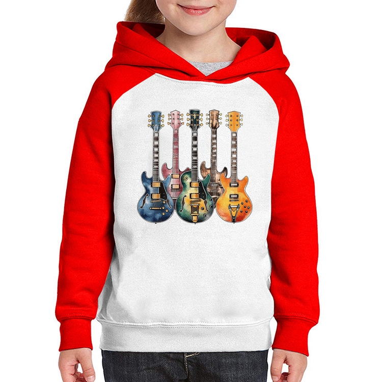 Moletom Infantil Guitarras Watercolor Art - Branco/Vermelho