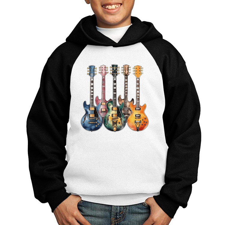 Moletom Infantil Guitarras Watercolor Art - Branco/Preto