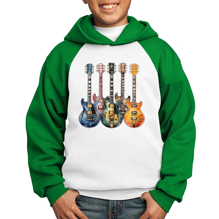 Moletom Infantil Guitarras Watercolor Art - Branco/Verde