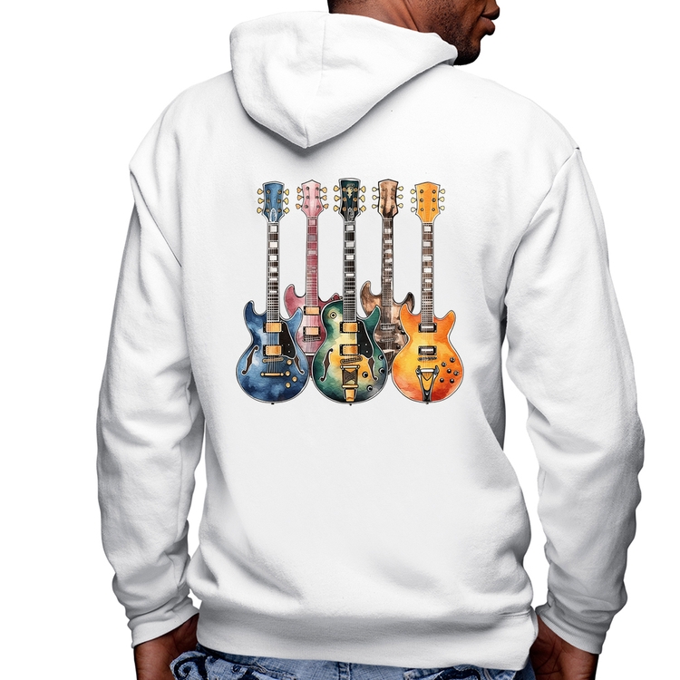 Blusa Moletom Guitarras Watercolor Art Masculina com Capuz e Zíper - Branca